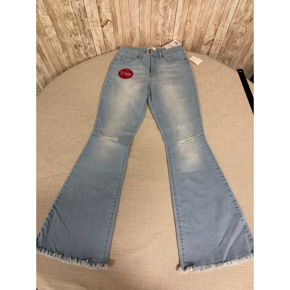 YMI Women Light Wash High Rise Distressed Flare Raw Hem 32 Inseam Size 9/29